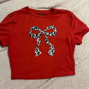SHEIN Red Crop Top with Leopard Bow